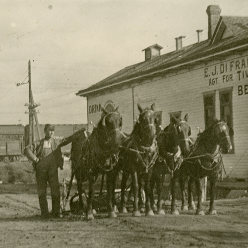 Old photo of man and team of horses in front of a building