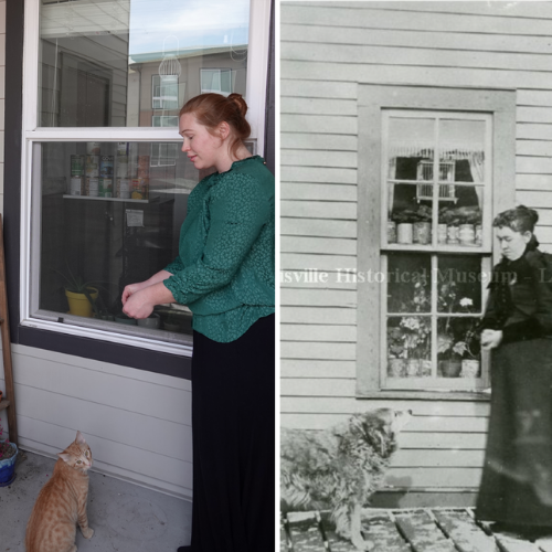 A historic and current photograph of a woman feeding a dog and cat