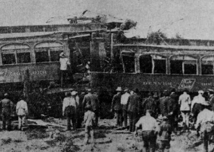 Collision of two Denver Interurban trains and people at wreck.