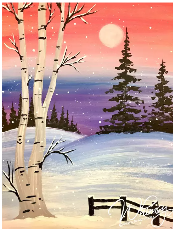 painting; winter scene with aspens