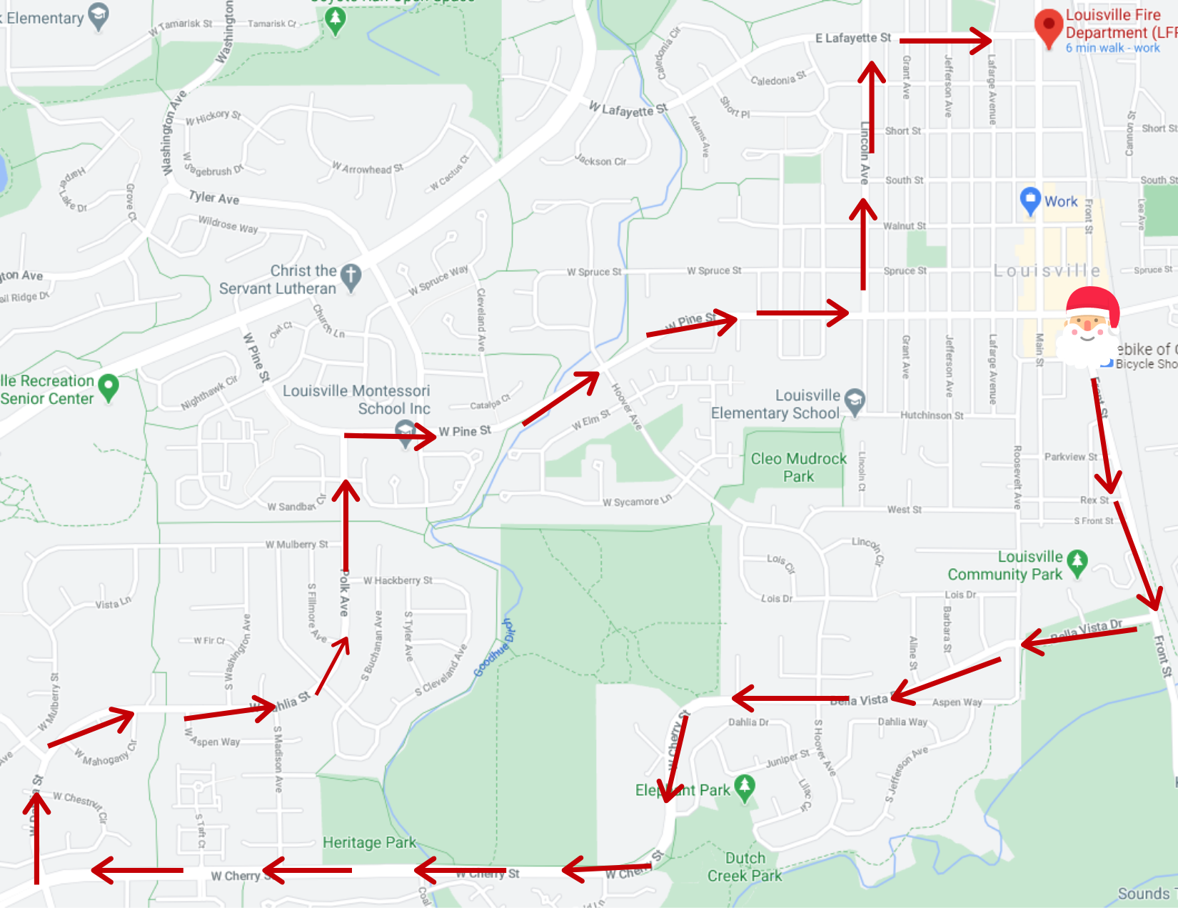 Santa Route Map, showing route Starting at Pine Street & Front Street going South to Bella Vista/Cherry to Dahlia, to Pine to Lincoln to Lafayette back to Main where he will end the Parade to return to his sleigh and head back to the North Pole.