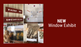 Photo collage of the new window exhibit, showing animal furs, maps, and more