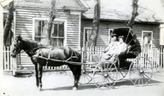 Asian family riding in a horse and carriage.