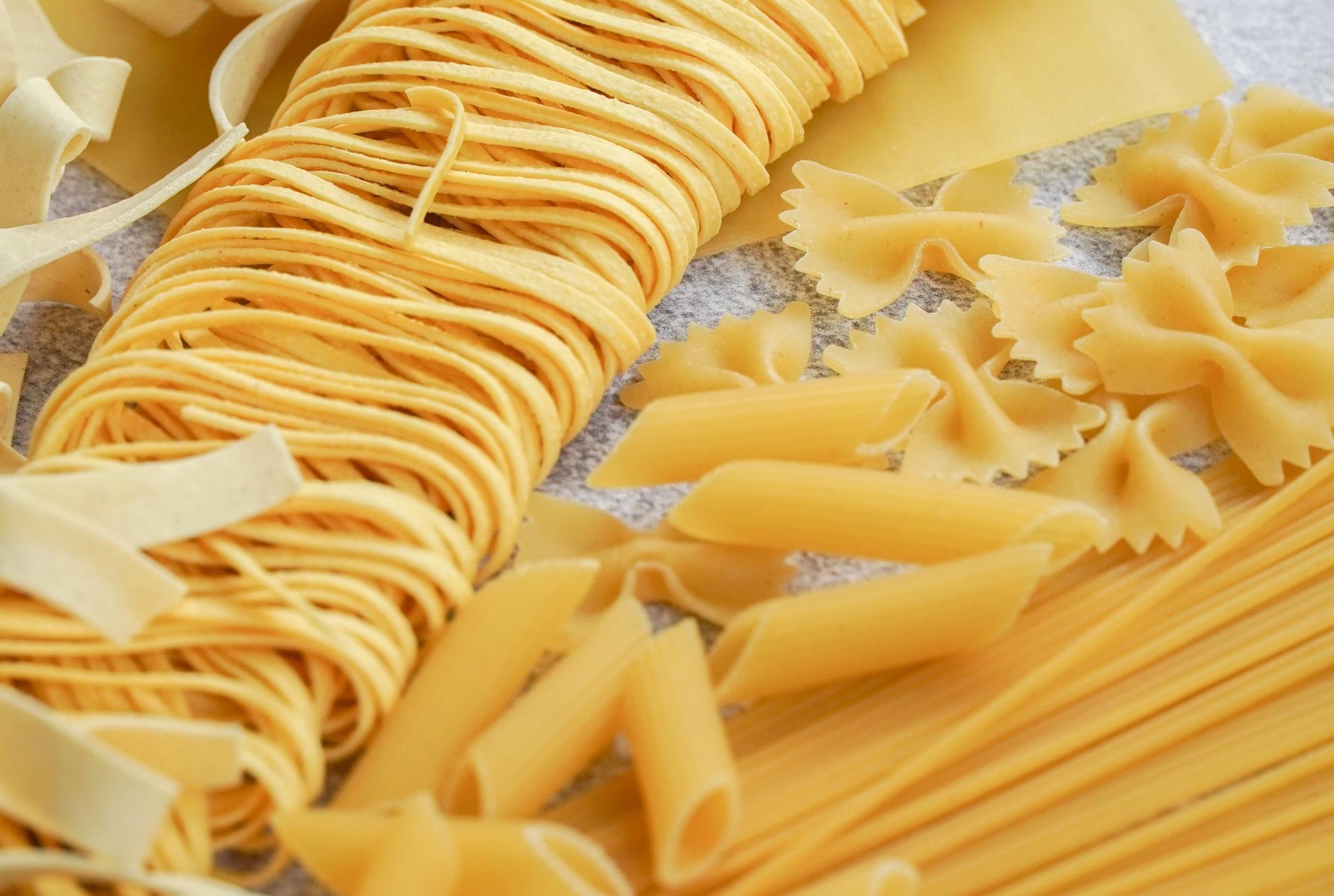 Different types of dried noodles and pasta shapes