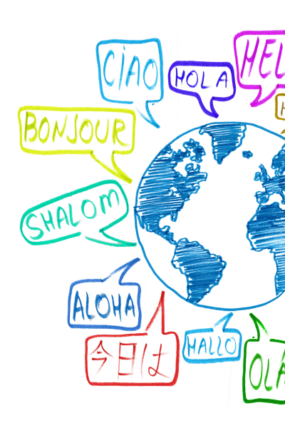 graphic drawing on globe with word bubbles with "hello" in different languages