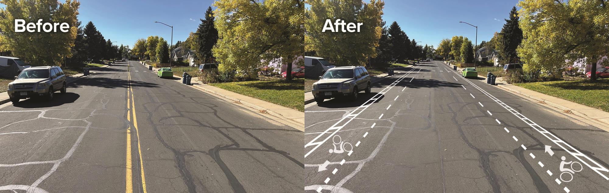 traditional road with yellow stripe on left, road striped with advisory bike lanes on right