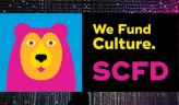 SCFD logo of pink bear on blue background with text 