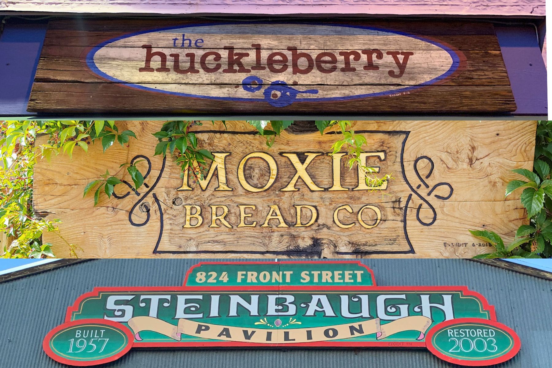 Three hand painted signs that read, "the Huckleberry," "Moxie Bread Co" and "Steinbaugh Pavilion"