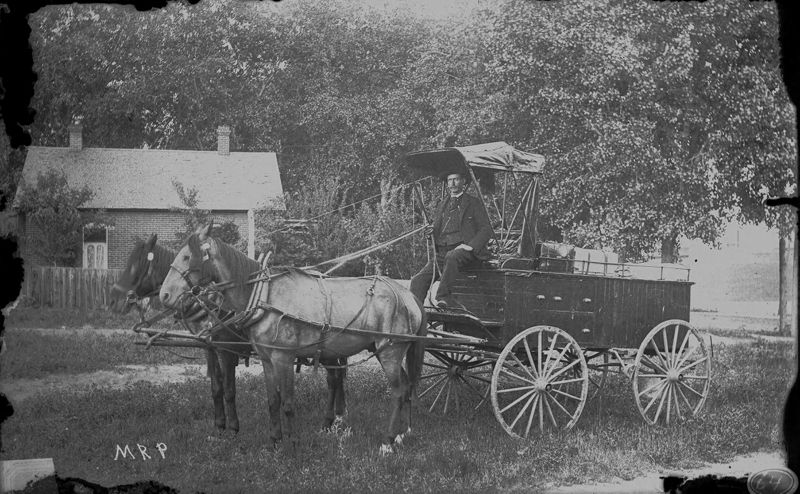 A man in a cart pulled by two horses