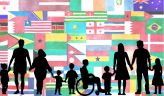 silhouettes of people in many shapes and sizes and genders hold hands in front of a colorful background of world flags