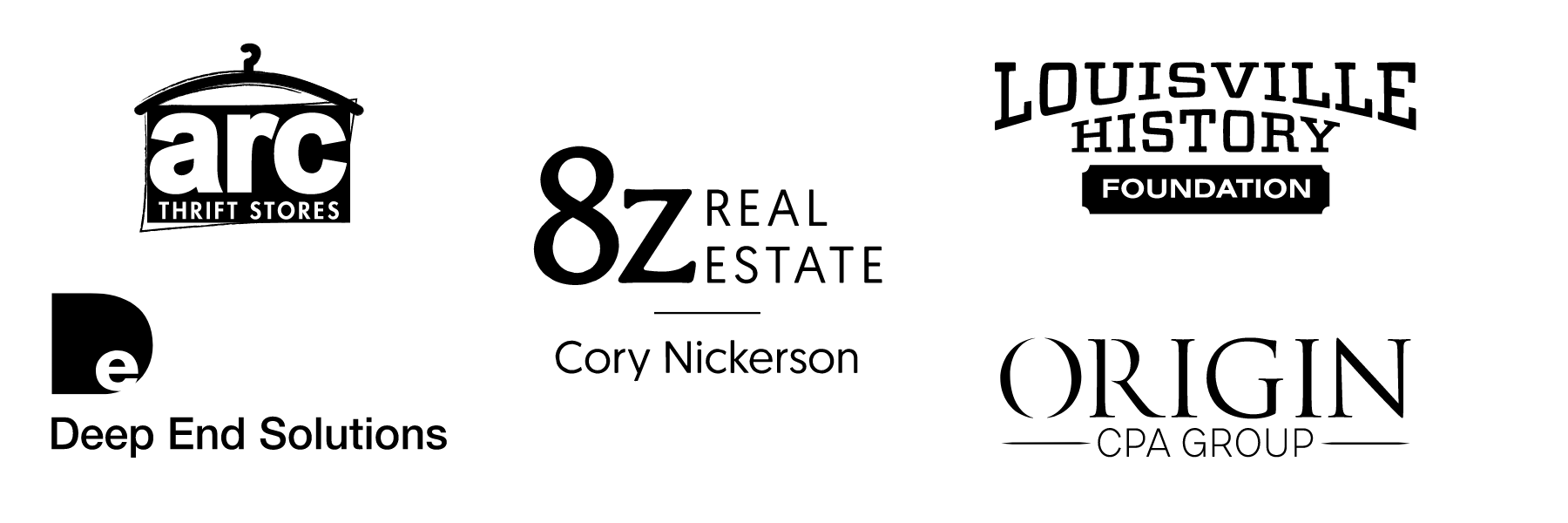 Logos for Arc, Deep End Solutions, 8z Real Estate Cory Nickerson, Louisville History Foundation, Origin CPA Group